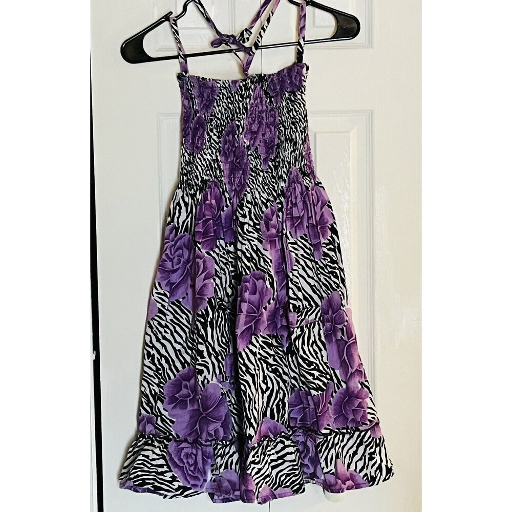 CYN by Cynthia Mehra Zebra Purple Flowers Ruched Top Boho Dress Sz Free Size OS